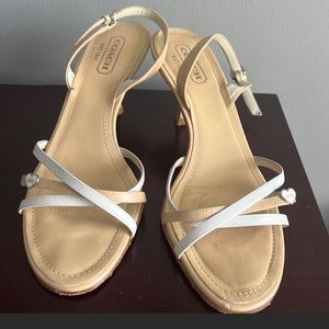 Coach Charli Kitten Heel Sandals size 8 GUC gorgeous tan and white leather